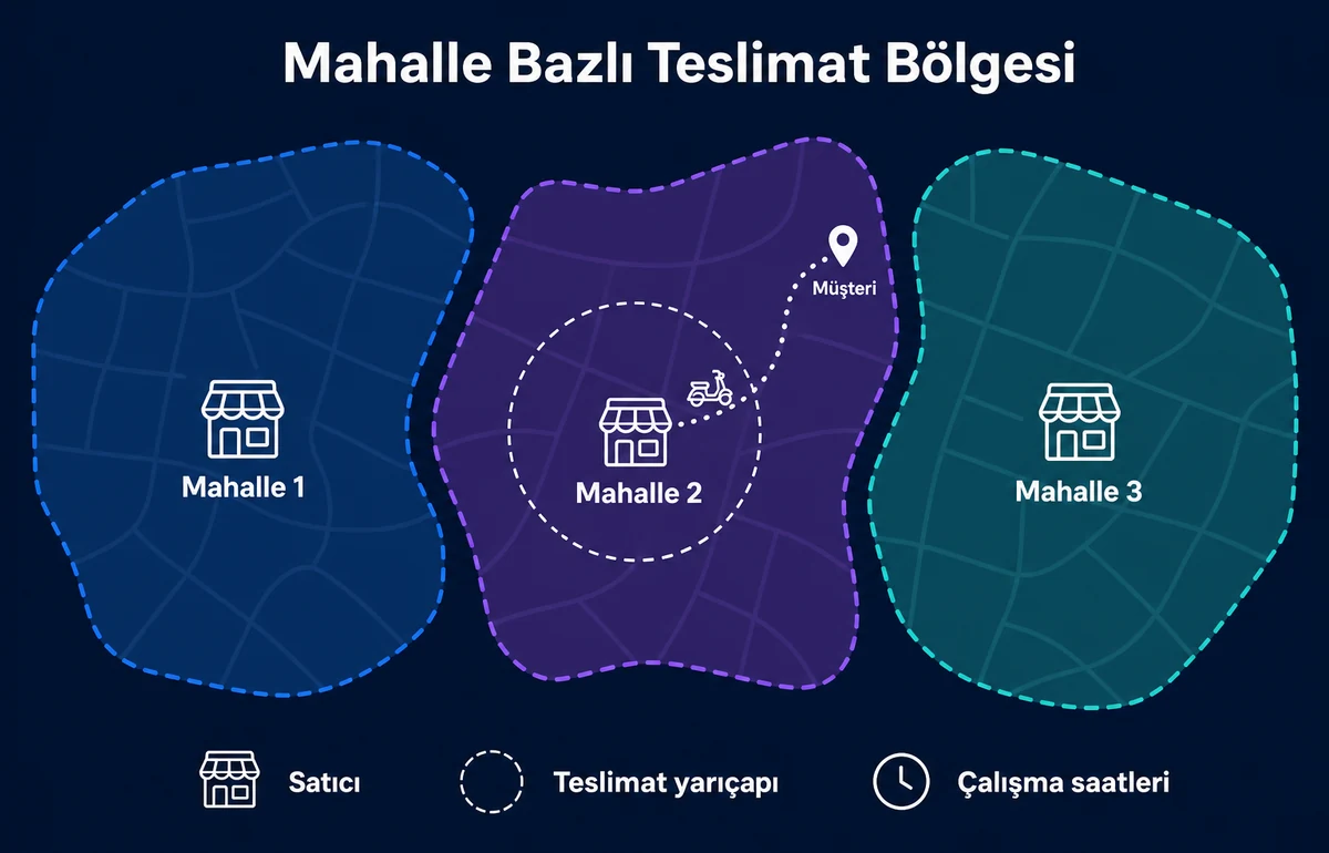 Mahalle bazlı teslimat bölgesi şeması: üç ayrı mahalle bölgesi, her bölgeye hizmet veren satıcı, teslimat yarıçapı ve kuryenin müşteriye giden rotası